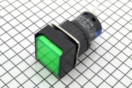 Кнопка A16-11SF (EB2A)  квадратная, с фиксацией, без подсветки, 220В 3А (зелёная) 18х18 мм